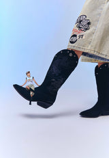 Womens Suede Western Cowboy Boot - Crawling Dragon - Black