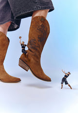 Womens Suede Western Cowboy Boot - Crawling Dragon - Tan