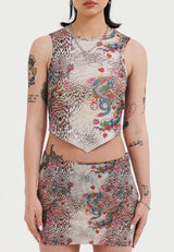 Womens Dragon Repeat Tied Back Mesh Vest Top - Ecru