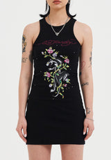 Womens Panther And Flowers Diamante Tank Dress - Black