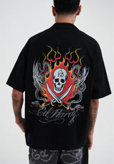 Mens Snakes And Skull Flames Printed Camp Shirt - Black