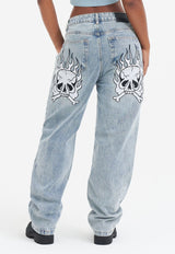 Womens Flaming Skull Relaxed Denim Trousers Jeans - Blue