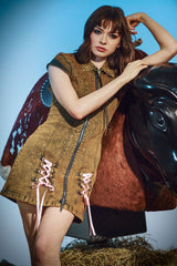 Womens Lotus Flower Seam Detail Tie Up Denim Dress - Beige