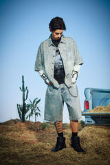 Mens Signature Skull Rose Relaxed Jort - Bleach