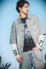 Mens Distressed Cross Relaxed Denim Shirt - Blue