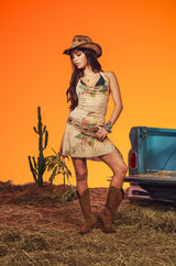 Womens Tiger Print Cowl Neck Mesh Dress - Ecru