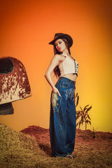 Womens Gothic Skull Relaxed Balloon Jeans - Indigo