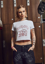 Womens Panther Embroidered Fitted Baby Tee - White
