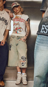 Womens Multi Badge Tattoo Denim Relaxed Jort - Bleach Denim