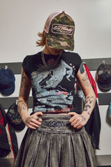 Womens Rising Dragon Floral Cap Sleeve Fitted Tee - Black