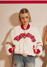 Womens Gothic Flaming Eagle Relaxed Bomber Jacket - Ecru