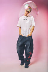 Mens Washed Skull Applique Barrel Leg Jeans - Black