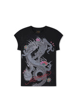 Womens Rising Dragon Floral Cap Sleeve Tee - Black