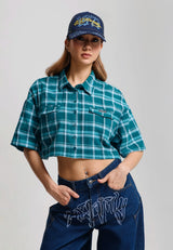 Womens Black Roses Cropped Relaxed Check Shirt - Teal