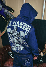 Mens Flaming Cross Denim Zip Thru Hoodie - Indigo