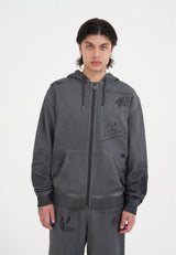 Mens Multiple Graphic Distress Zip Thru Hoodie - Grey