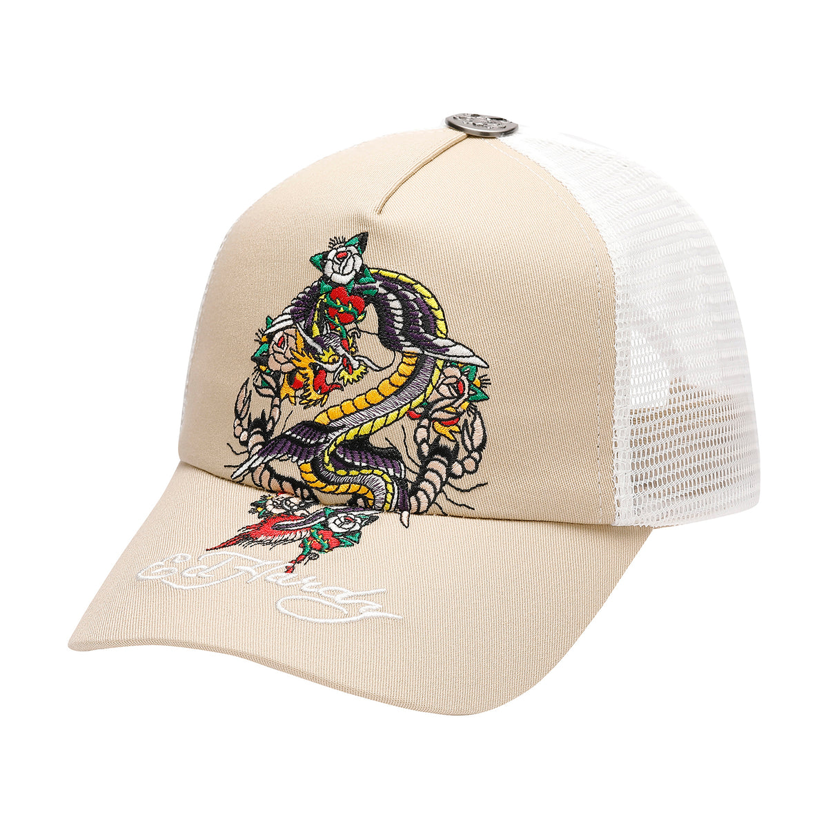 Unisex Swooping Dragon 5 Panel Trucker Cap - Beige – Ed Hardy UK