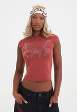 Womens Butterfly Diamante Cap Sleeve T-Shirt - Red