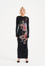 Womens Dragon Flame Long Sleeve Dress - Black