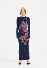 Womens Dragon Flame Long Sleeve Dress - Mood Indigo