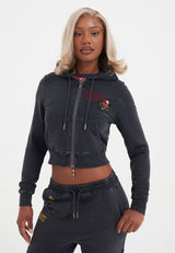 Womens Flaming Tiger Cropped Zip Thru Hoodie - Black