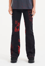 Womens Rouge Hearts Flared Denim Trousers Jeans - Black