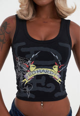 Womens Swallows Scroll Diamante Vest Top - Black