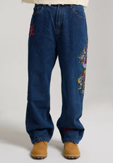 Mens Battle-Dragon Tattoo Denim Trousers Baggy Jeans - Indigo