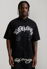 Mens Embroidered Gothic Ed Hardy Boxy Twill Shirt - Black