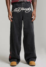 Mens Embroidered City Tiger Xxtra Jeans - Black Crease Wash