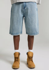 Mens Gothic Floral Skull Denim Jort - Distressed Blue Wash