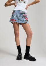 Womens Multi Badge Tattoo Denim Fitted Mini Skirt - Mid Blue