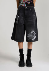 Womens Multi Badge Tattoo Denim Jort - Black