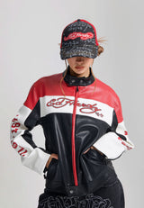 Womens Art For Life Regular Perforated Moto Jacket - Red / Black