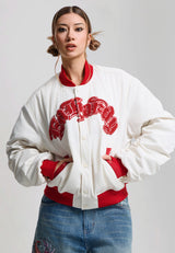 Womens Gothic Flaming Eagle Relaxed Bomber Jacket - Ecru