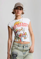Womens Varsity Dragon Cap Sleeve Tee - Ecru