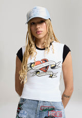 Womens Broken Hearts Contrast Fitted Baby Tee - White