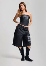 Womens Coated Denim Swallow Biker Jorts - Black