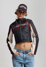 Womens Climbing Rose Denim Biker Jacket - Black