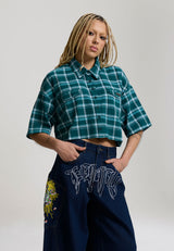 Womens Black Roses Cropped Relaxed Check Shirt - Teal