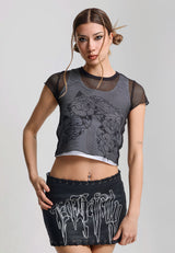Womens Double Layer Climbing Rose Mesh Tee - White / Black