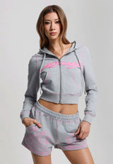 Womens Applique Back Tattoo Cropped Hoodie - Grey Marl
