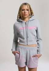 Womens Applique Back Tattoo Cropped Hoodie - Grey Marl