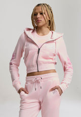 Womens Love And Thorns Diamante Velour Fitted Cropped Hoodie - Pink