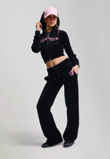 Womens Love And Thorns Diamante Velour Flared Joggers - Black
