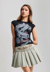 Womens Rising Dragon Floral Cap Sleeve Fitted Tee - Black