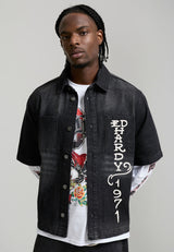 Mens Tonal Dragon Utility Denim Shirt - Black