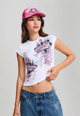 Womens Tattoo City Cap Sleeve Fitted Top - White
