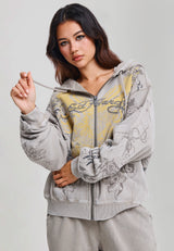 Womens Diamante Venom Stone Wash Relaxed Zip Thru Hoodie - Grey