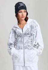 Womens Diamante Venom Enzyme Wash Relaxed Zip Thru Hoodie - White